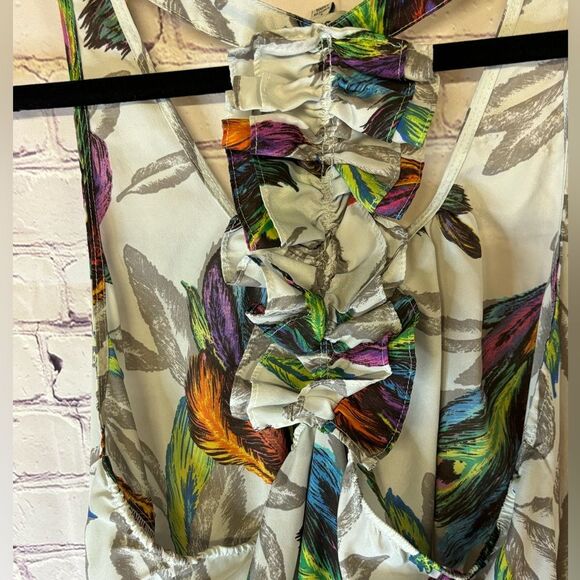 Hot & Delicious Y2K Whimsigoth Stevie Peacock Feather Ruffled T-strap Back Top L - Picture 4 of 10